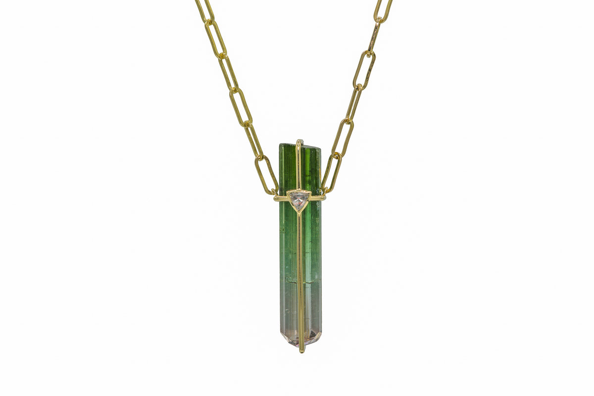 Raw Tourmaline Crystal Bar Necklace in 14k gold