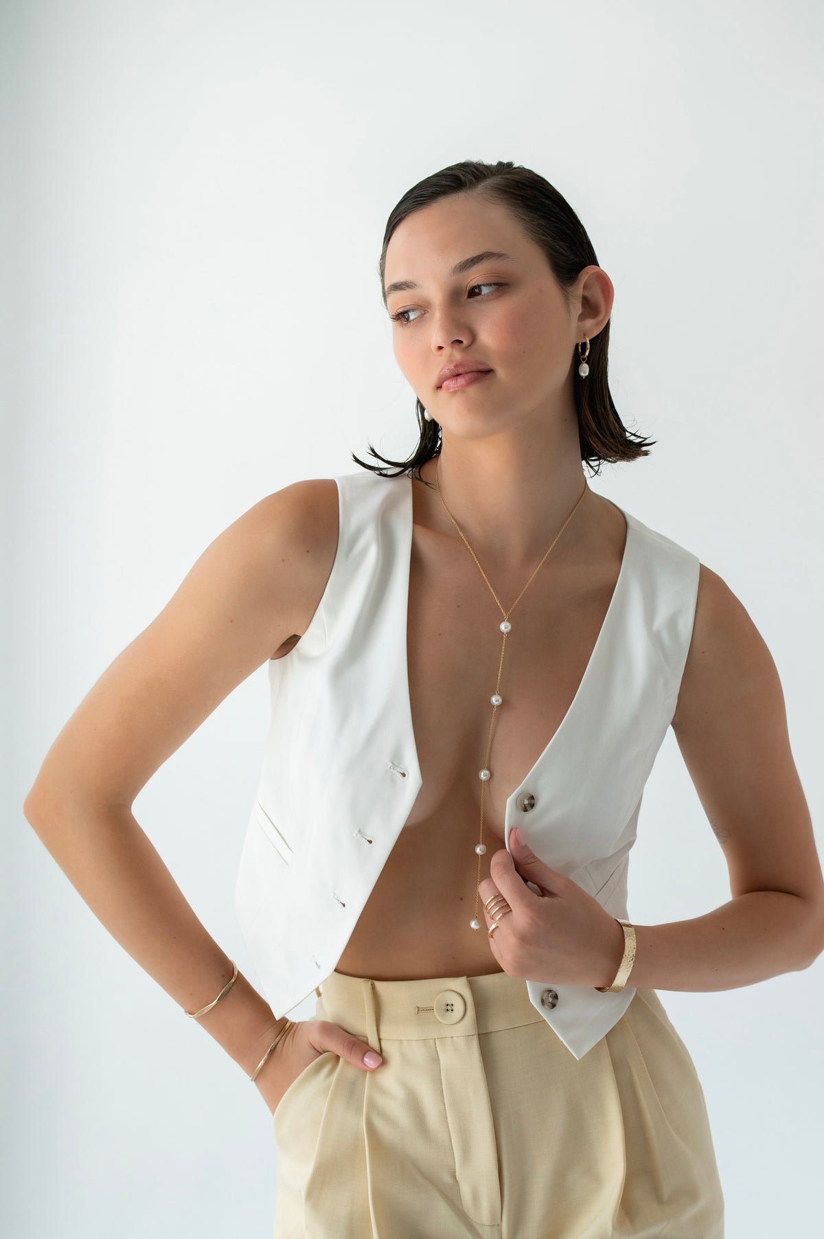 Cinque Pearl Lariat in 14k gold filled, view 2