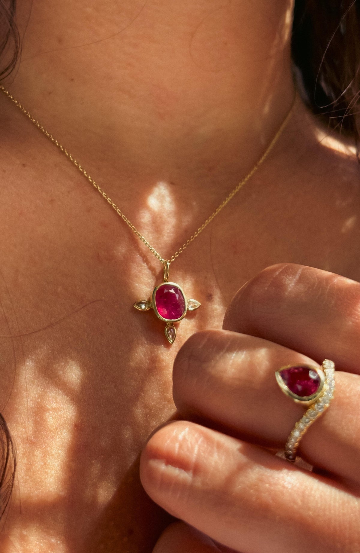 Ruby Bezel Necklace with Diamonds in 18k gold, view 2