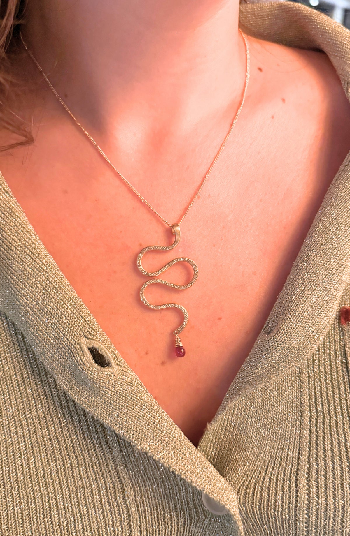 Serpent Necklace with Ruby in 14k gold filled, view 3