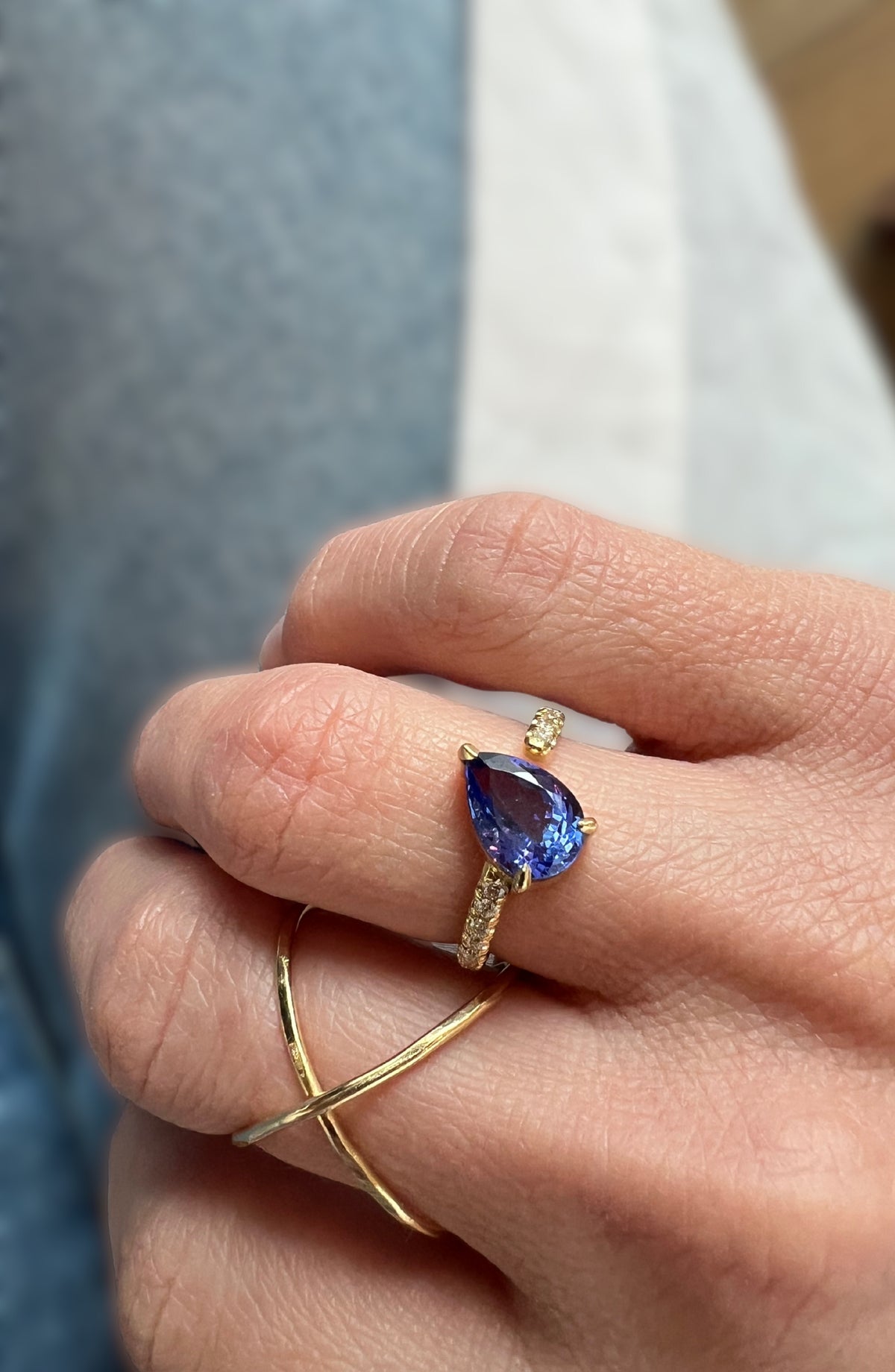 Tanzanite Prong Ring with Diamonds in 18k gold, view 4