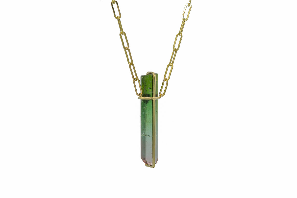 Raw Tourmaline Crystal Bar Necklace in 14k gold, view 2