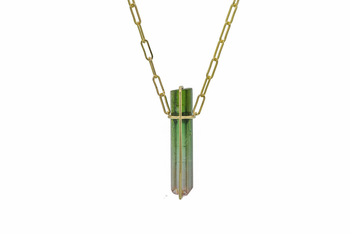 Raw Tourmaline Crystal Bar Necklace in 14k gold, view 3