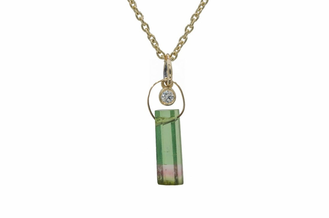 Raw Tourmaline Necklace with Diamond in 14k gold, detail