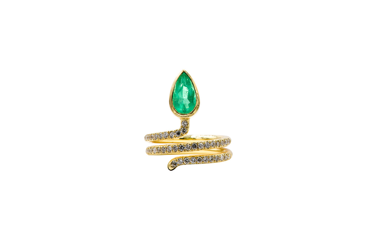 Serpent Colombian Emerald and Diamond Ring in 18k gold