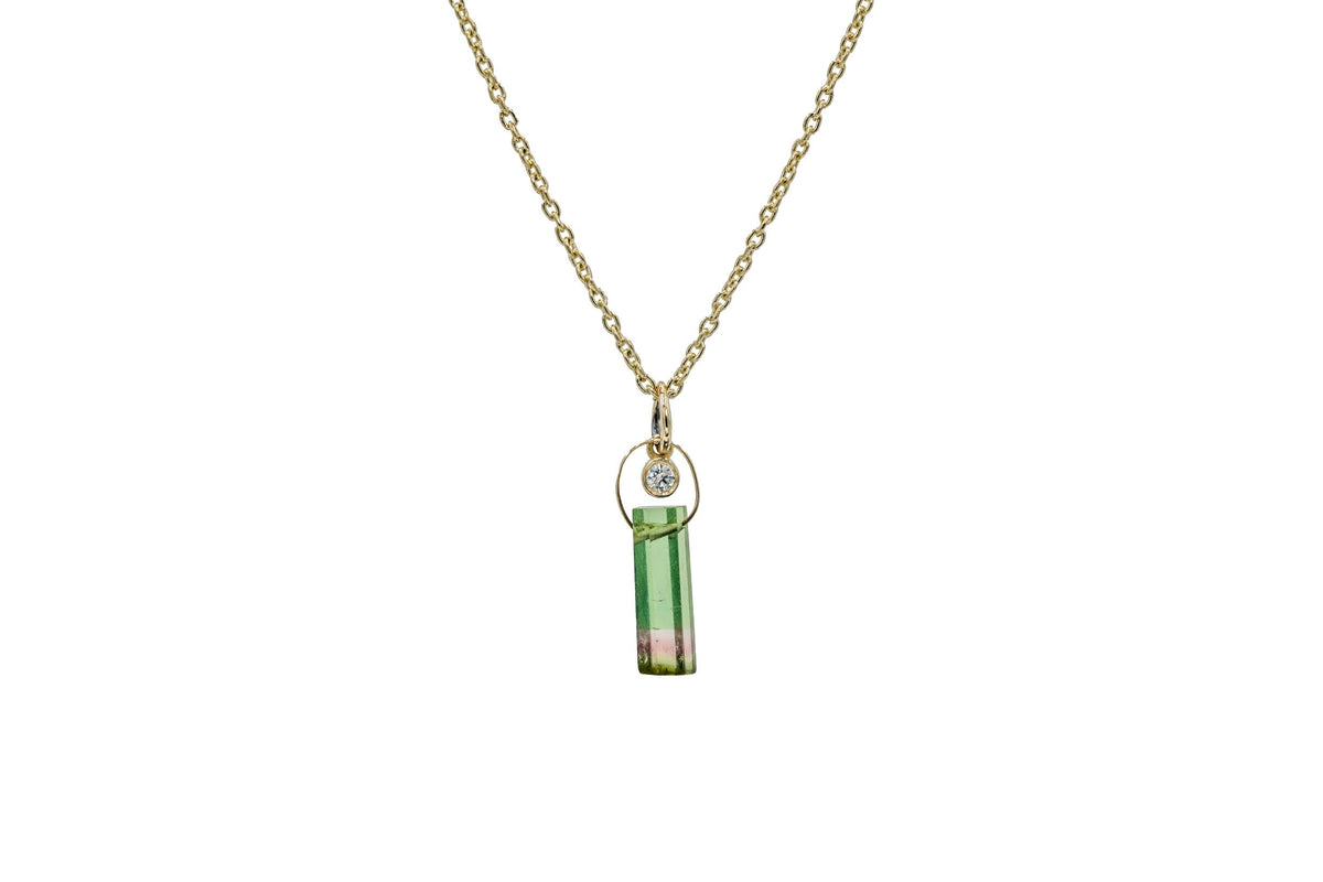 Raw Tourmaline Necklace with Diamond in 14k gold